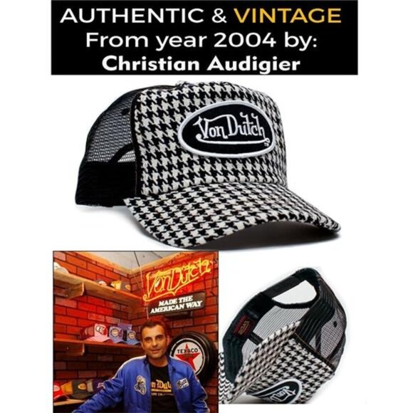 Retro Y2K Designer Authentic Vintage Houndstooth Black Mesh Trucker Cap 2000s - Picture 2 of 3